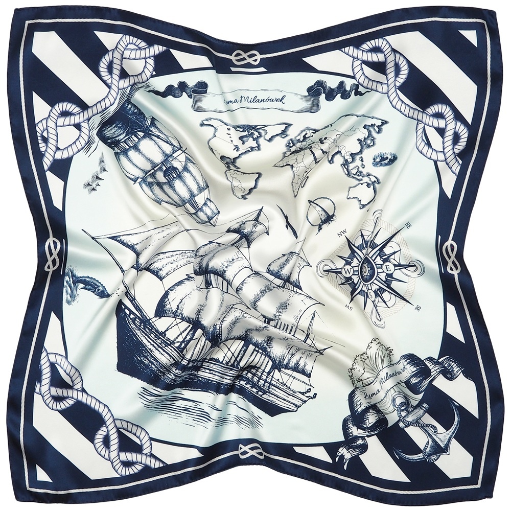 AD7-014 Jedwabna apaszka dwustronna motyw morski 65x65cm